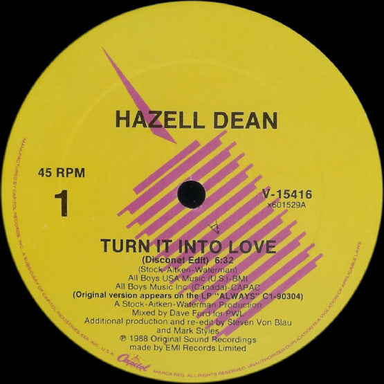 Hazell Dean ‎– Turn It Into Love-1988-  Vinyl, 12", 45 RPM Synth-pop
