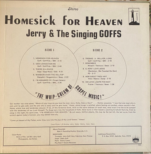 Jerry & The Singing Goffs – Homesick For Heaven - 1971-	Folk, World, & Country Style:	Story, Gospel ( New Rare Vinyl )