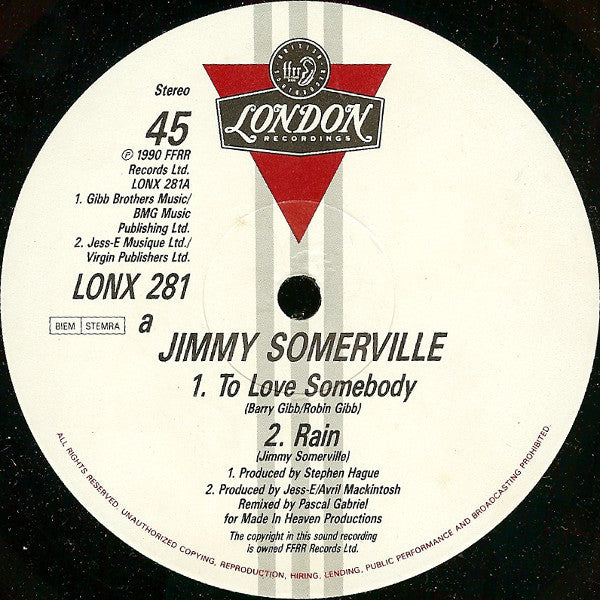 Jimmy Somerville – To Love Somebody ( Bronski Beat) 1990-Electronic Style:	Synth-pop (UK Vinyl, 12", 45 RPM, Single )