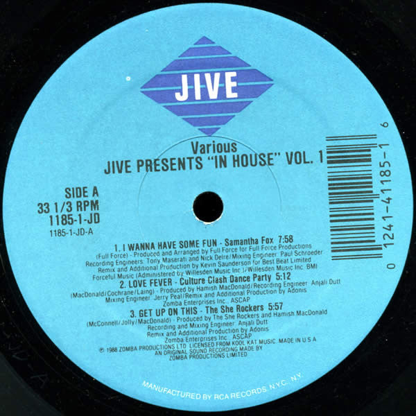 Jive Presents "In House" Volume 1 (Full Length Extended Remixes) 198-Electronic, Hip Hop House, Acid House (vinyl)