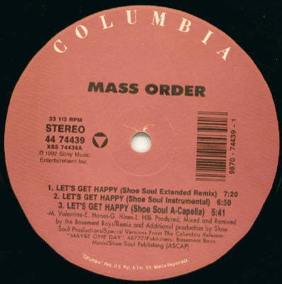 Mass Order ‎– Let's Get Happy - 1992-House, Garage House  ( 12" Single Vinyl )