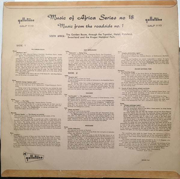 Music From The Roadside N°.1-  Music Of Africa Series – N° 18 - 1963? - African, Field Recording (Rare Vinyl)