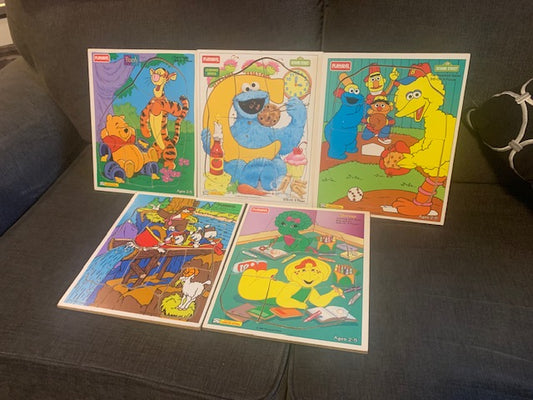 Vintage Playskool 1994 Wooden Puzzle Lot of 4 ( 2 Disney & 2 Sesame Street & Barney)